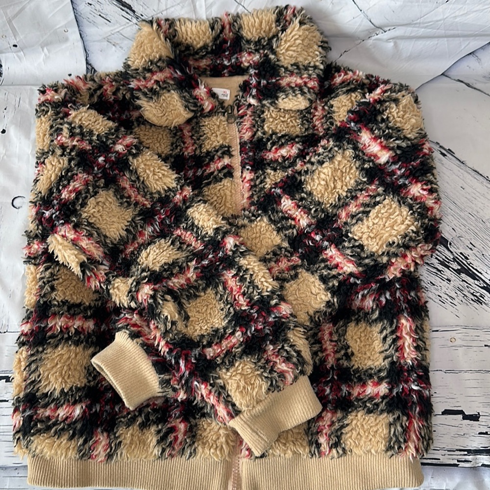 GIRLS BUFFALO TAN RED PLAID FAUX FUR ZIP JACKET COAT POCKETS XL